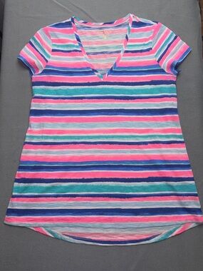 Lilly Pulitzer Etta V-Neck Tee Shirt Sandy Shell Stripe Pink Blue White size S